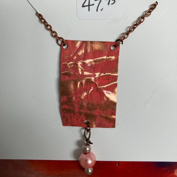 Rectangle with Beaded Drop Hammered Copper Pendant 23 Inches - Picture 2 of 3